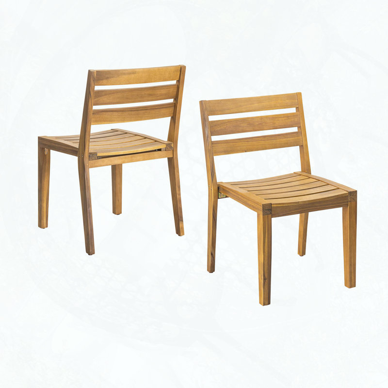 Acacia Wood Dining Side Chair Set of 2 – Teak Finish, Slat Panel Design