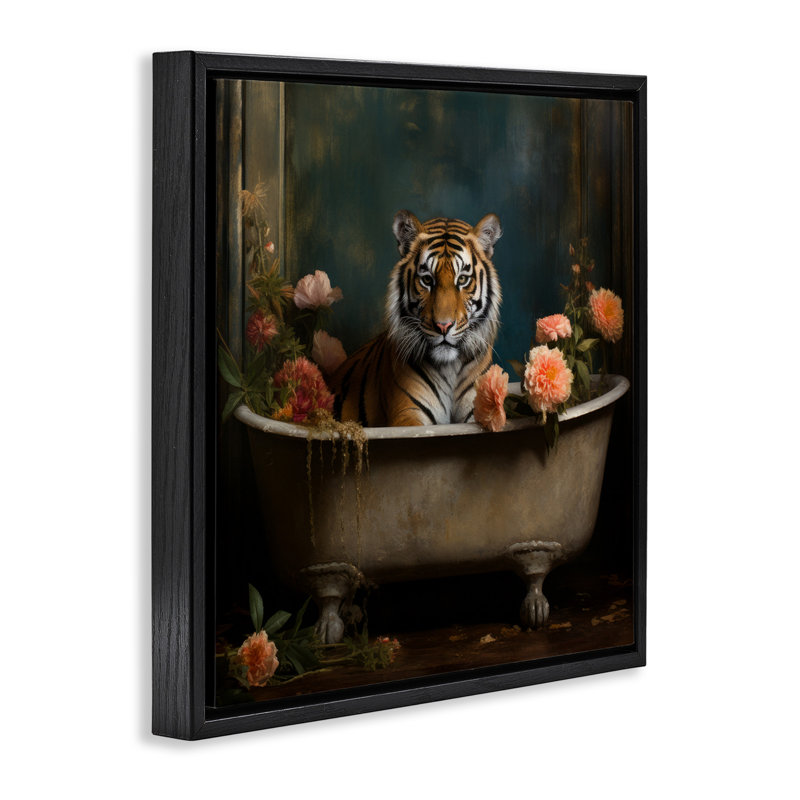 Tigre dans une baignoire florale, H 18 po x l 18 po, Cadre flottant noir de jais