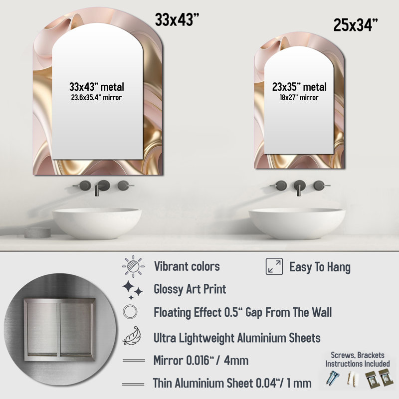 Subtle Sophistication In Exquisite Pink & Gold VI - Liquid Ink Arch Wall Mirror, Pink Asymmetrical Decorative Mirror, Printed Metal Art