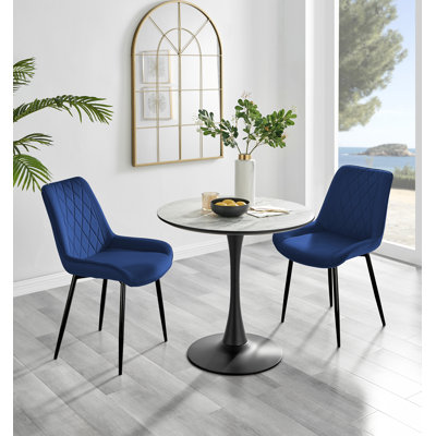 Ellis White Marble Effect Melamine Round Dining Table Set with 2 Luxury Velvet Dining Chairs