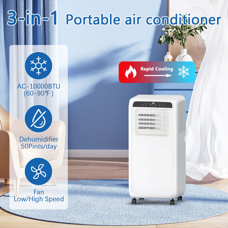 Unité de fenêtre de climatiseur portative 10 000 BTU avec télécommande - climatiseur 3-en-1, ventilateur et déshumidificateur pour pièces jusqu'à 400 pieds carrés silencieux, écoénergétique, facile à installer avec l'ensemble de fenêtre, roue