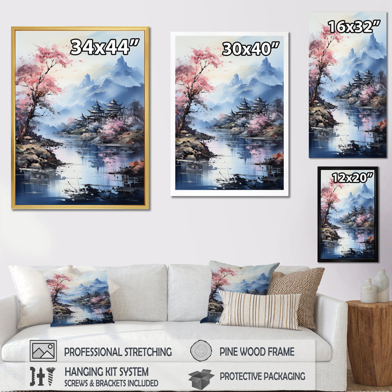 Paysage de rivière Japon en automne I sur toile, Cadre simple noir, H 40 po x l 30 po x P 1,5 po