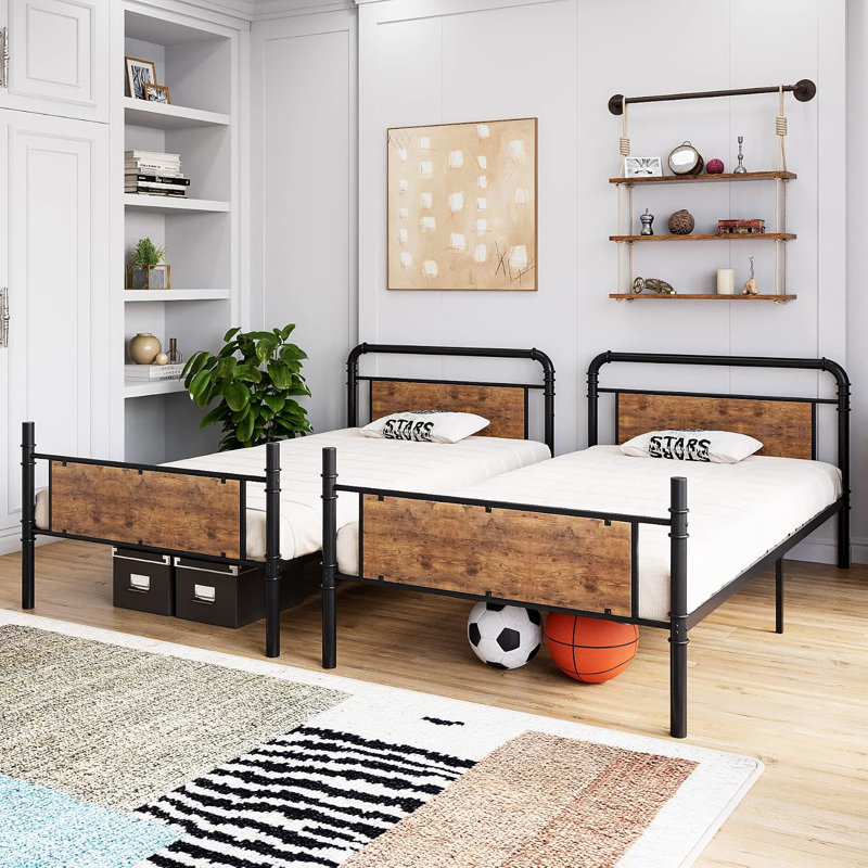 Lit superposé simple, cadre métallique convertible avec barrières de sécurité et échelle, noir mat