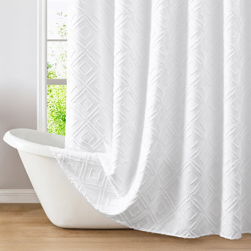 Rideau de douche tissé blanc 71 x 71 avec pampilles et décorations Holbert, Losange