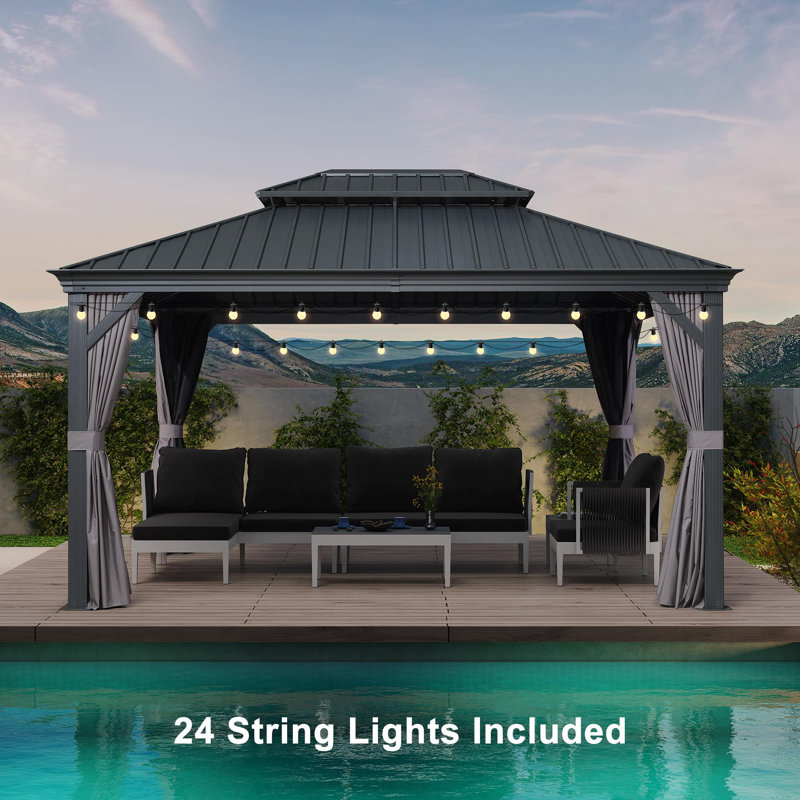 Purple Leaf 11' X 14' Outdoor Gazebo With Galvanized Steel Metal Roof Permanent Hardtop Gazebo With Light For Patio Lawn And Garden Large Pavilion Grey