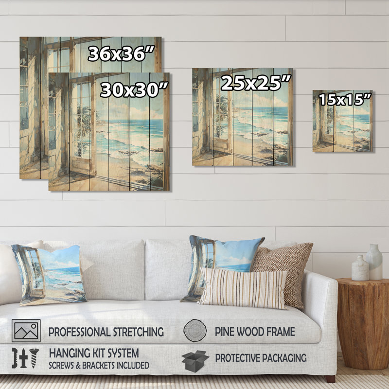 «Coastal Window View By The Beach II» - Impression sur bord de mer sur bois, H 36 po x l 36 po