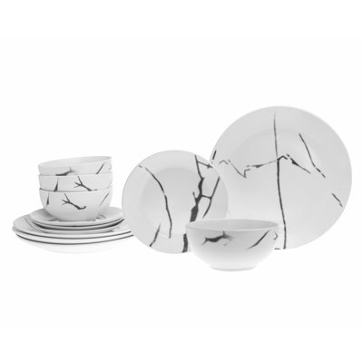 Marmoreal Black Porcelain 12 Piece Dinnerware Set, Service For 4