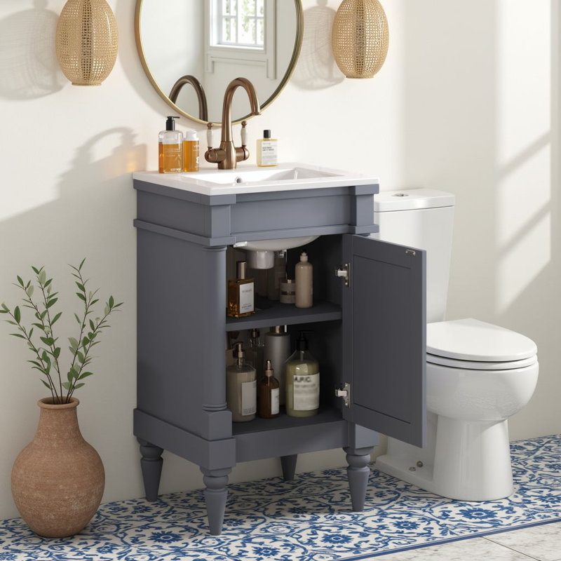 Petit meuble-lavabo autoportant moderne de 18 pouces avec lavabo en céramique, armoire de rangement avec tablette réglable