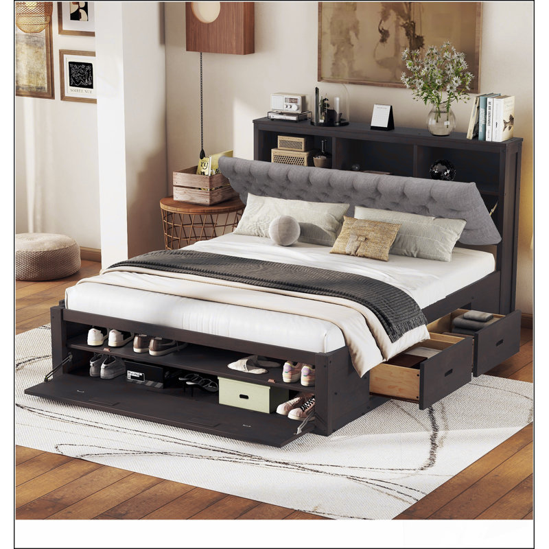 Grand lit plateforme en bois avec tête de lit, étagère à chaussures et 4 tiroirs, Espresso