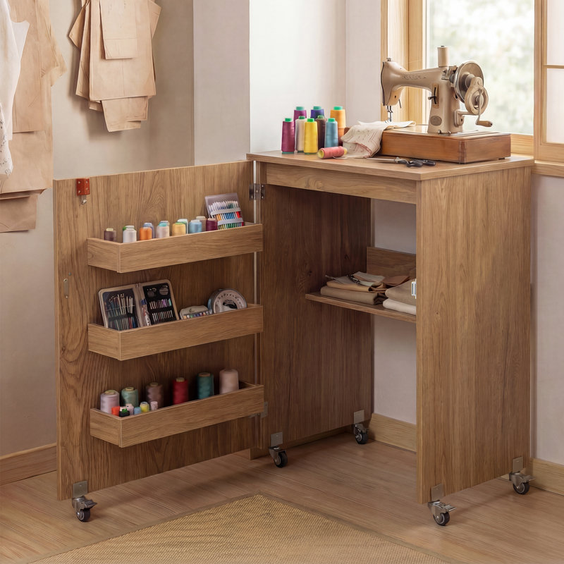 116cm x 40cm Foldable Sewing Table with Sewing Machine Platform and Wheels, Natural Wood