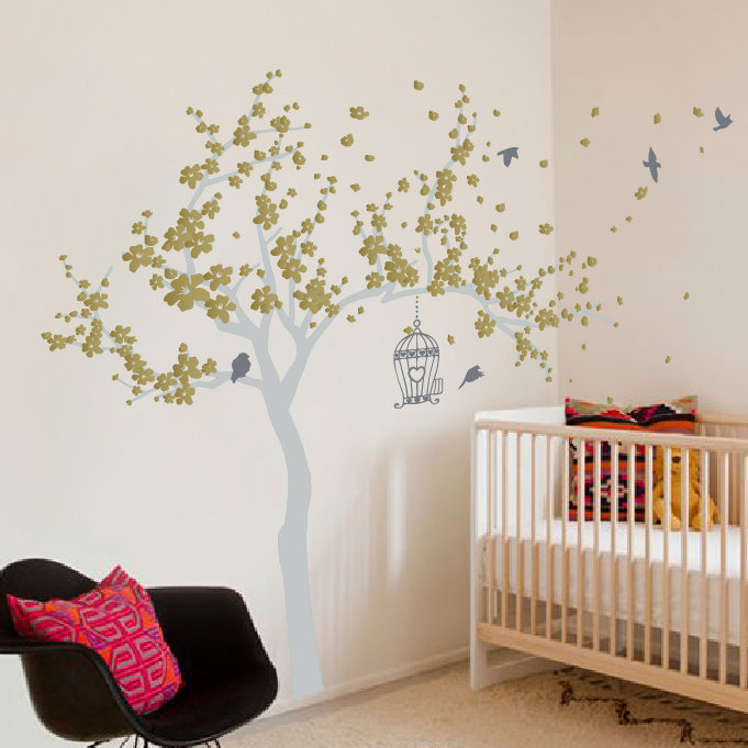 Décalcomanie murale Arbre en fleurs et oiseaux, H 72 po x l 92 po x p 0,01 po, Or