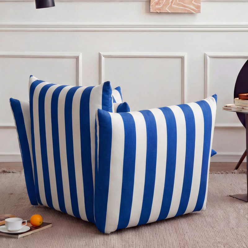 40" W Oversized Striped Accent Chair, Modern Coastal Armchair with Plinth Base and Reversible Cushions, Lounge Chair and a Half for Living Room