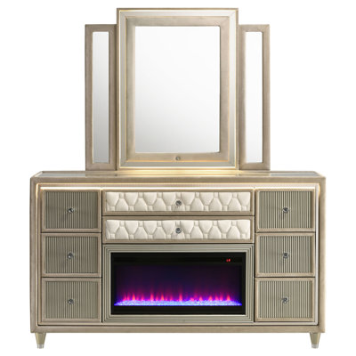 Ensemble de commode rembourrée ivoire à 8 tiroirs avec miroir DEL à trois panneaux, effet visuel de flamme décoratif, plateau en verre trempé, tiroirs doublés de feutre, commode de chambre glamour et ensemble de miroir