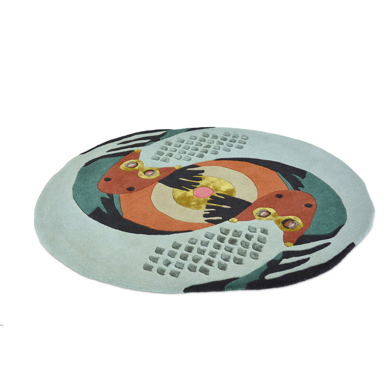 Hand Tufted Wool Area Rug in Teal/Orange/White/Yellow, Round 3'3"
