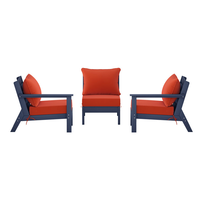 3-Piece Deep Seating Set With Cushions, Navy Blue, Orange