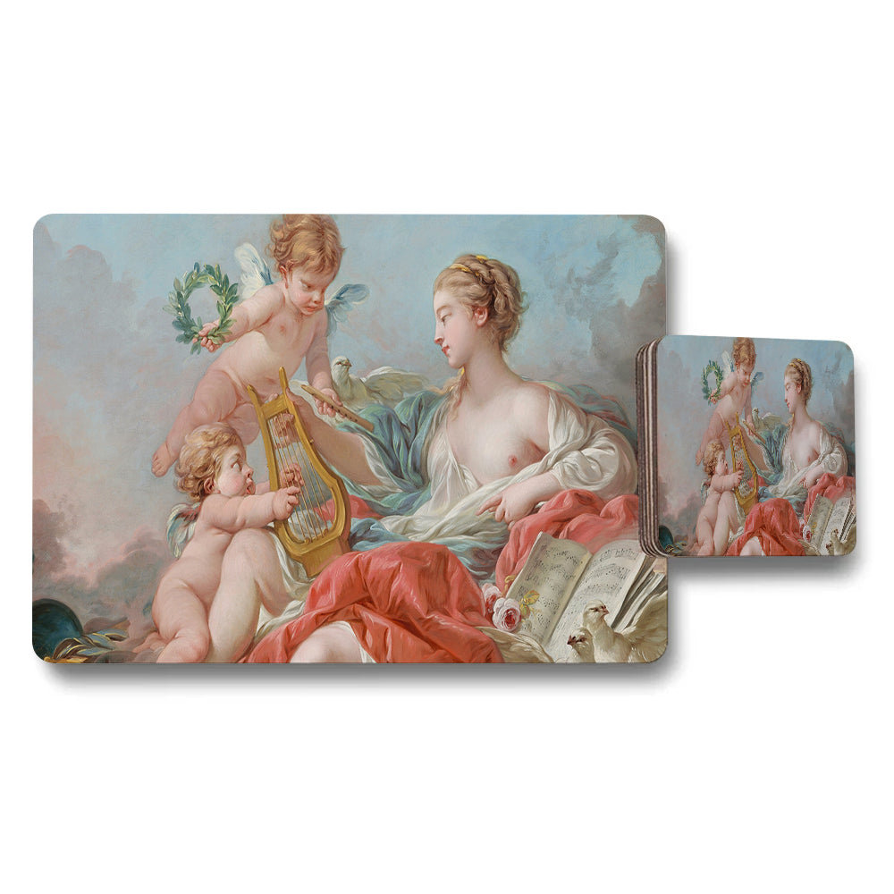 Baroque Style Placemat And Coaster Set With Cherubs Artwork