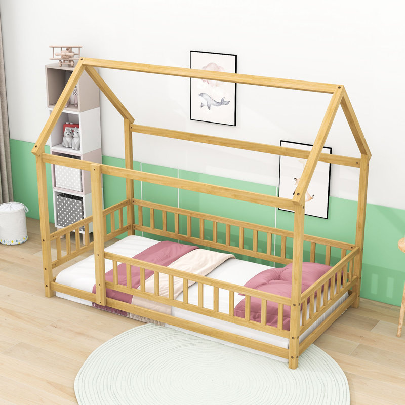 Lit sur pied en bois avec cadre de toit Huot, Simple, Naturel