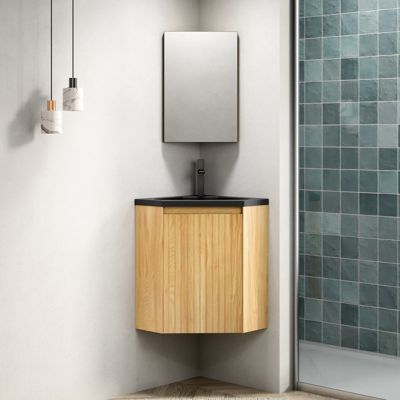 Meuble-lavabo flottant mural de 30 po avec lavabo triangulaire en résine noire à une porte et contreplaqué naturel, convenant pour les petits coins de meuble-lavabo intégrés, baignoire de rangement en contreplaqué aux endroits restreints