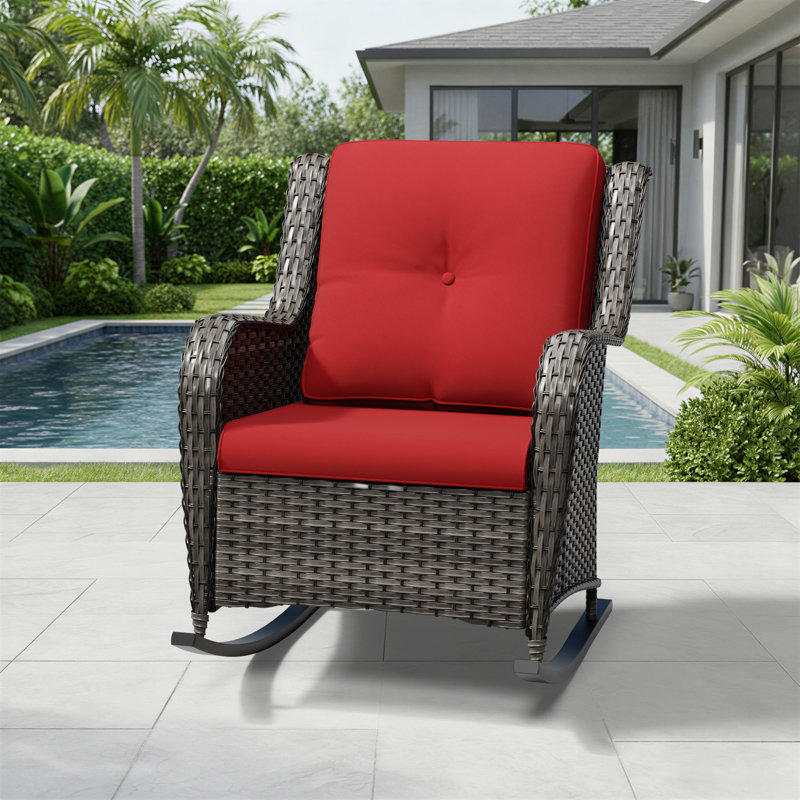 Chaise berçante d'extérieur en osier avec coussins, Rouge