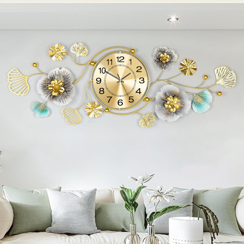 Large Wall Clock, Wall Clocks For Living Room Decor, With Silent Movement And Rotatable Dial, 3D Metal Ginkgo Leaf Design, For Living Room Wall Decor Wall Clocks(34''X12'')