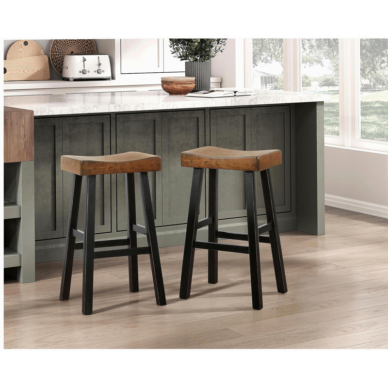 Ensemble de 2 tabourets de style transitionnel, meubles en bois d'hévéa massif, Noir, Brun