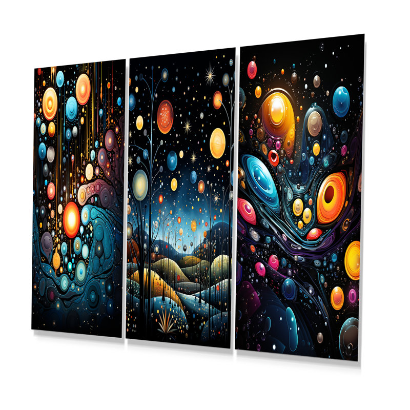 Cosmic Planets Dreams Landscape II - ensemble d'impressions métalliques fantaisie de 3, H 32 po x l 48 po