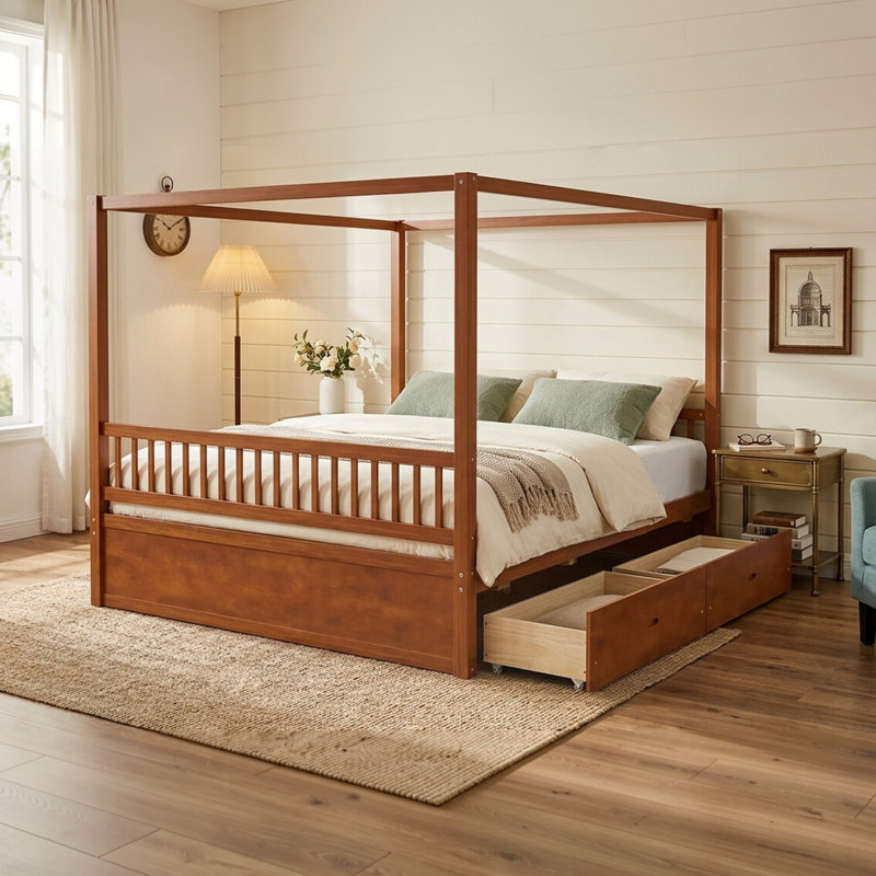 Très grand lit à baldaquin en bois noyer avec 2 tiroirs de rangement sous le lit, lit à baldaquin à structure en bois massif, capacité de 700 lb, aucun sommier à ressorts, lit plateforme à baldaquin classique pour la chambre à coucher