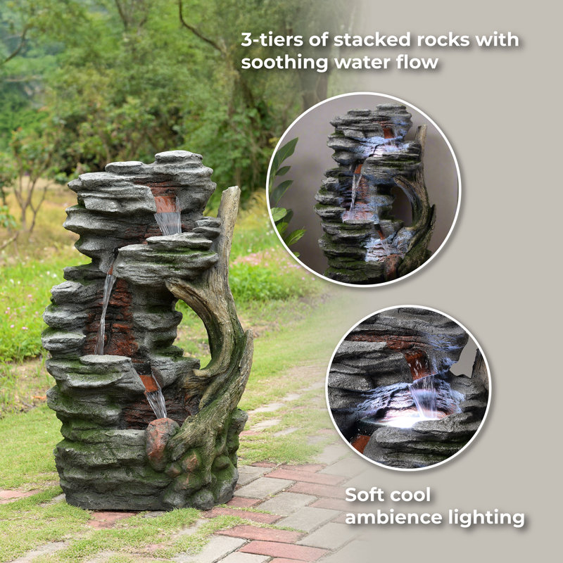 Rustic Stream Outdoor Water Fountain with LED Lighting, Adjustable Flow, and Durable Weather-Resistant Build