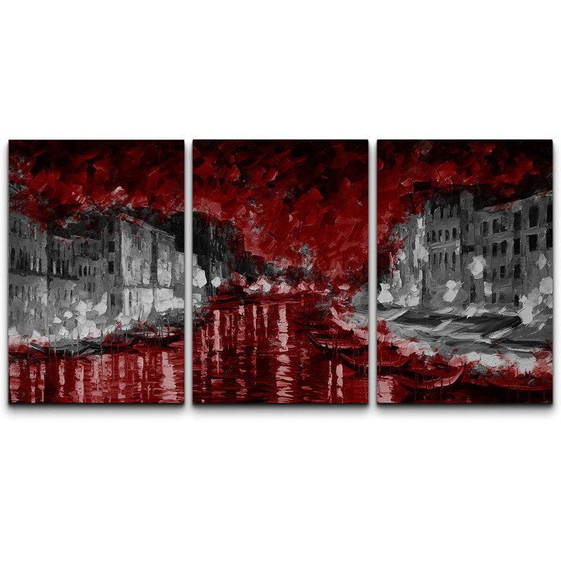 Moody rouge foncé ville européenne et canal abstrait nature aquarelle art moderne rustique, H 36 po x l 72 po