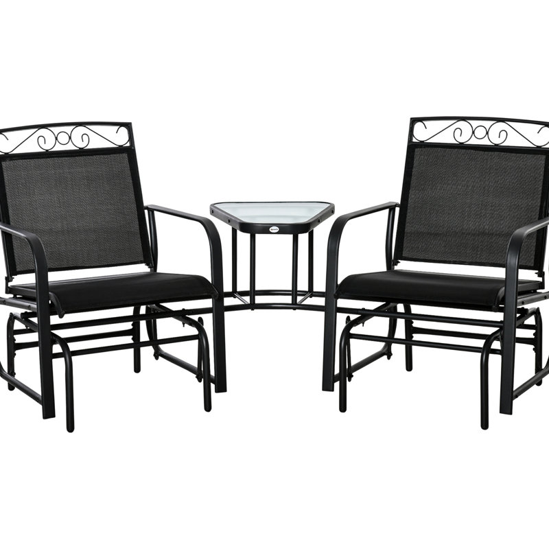 Fauteuil oscillant avec table basse pour la cour arrière - 2 balançoires à bascule, toile respirante, chaise de jardin noire, finition aérée