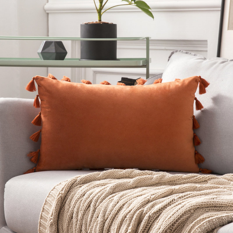 Velvet with Tassle Velvet Throw Pillow, Orange, Polyester, 14"H x 20"W