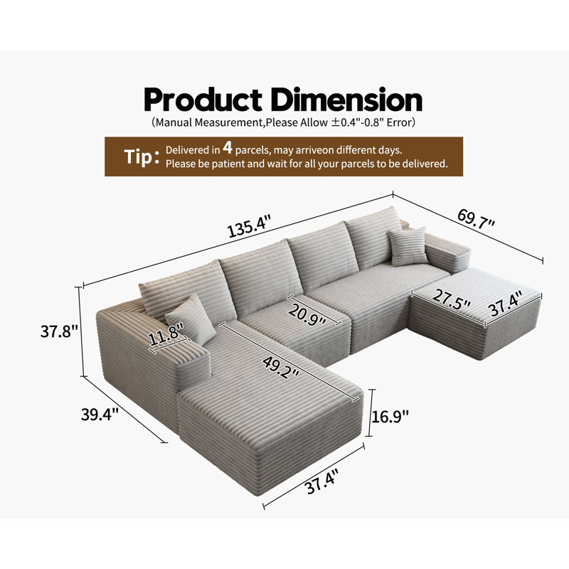 Simonsen Boneless 135.4"Cloud Modular Sectional Couch with 1 Ottoman,Modern Minimalist Upholstered Couches, Comfort U Shaped Sofa for Living Room,Deep Seat Corner Couch,No Assembly Required