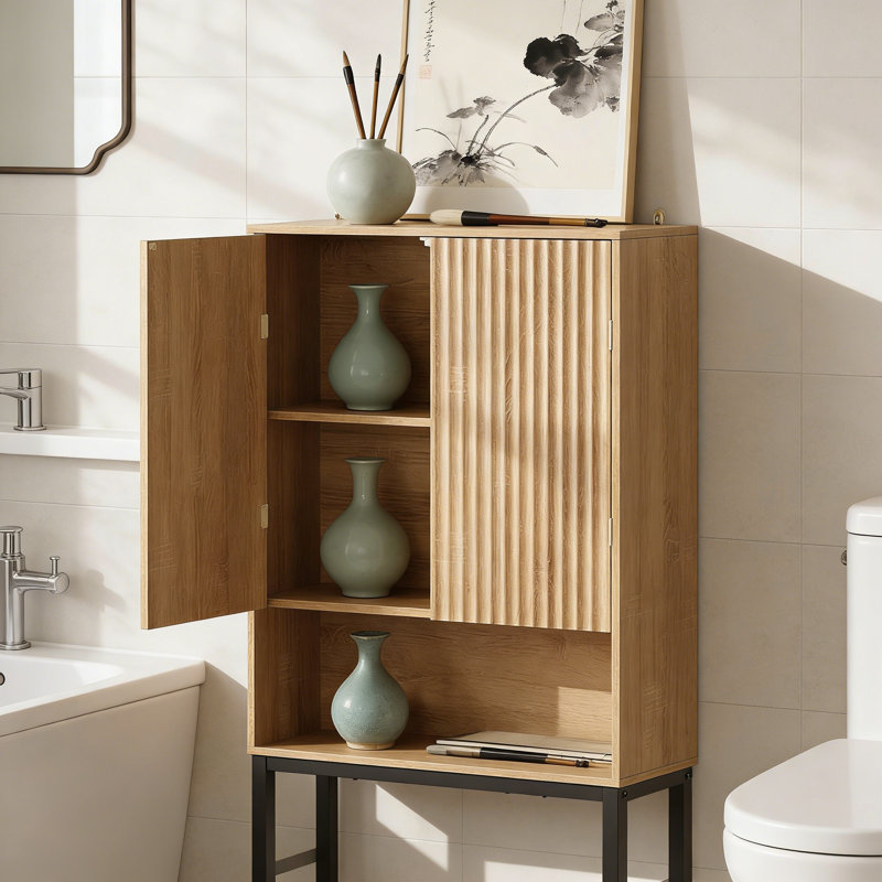 Armoire de rangement au-dessus de la toilette avec tablette réglable, organisateur de salle de bain autoportant avec structure en métal, armoire haute peu encombrante pour les essentiels de salle de bain, style bois naturel