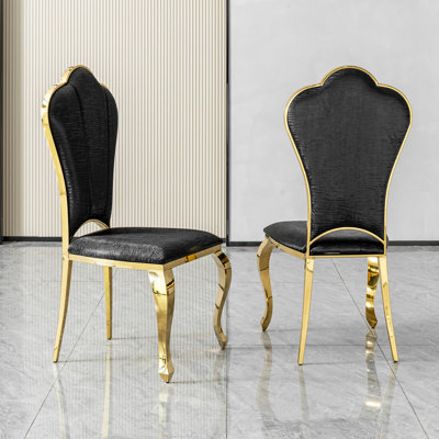 Ensemble de 2 chaises de salle à manger rembourrées en cuir de polyuréthane noir moderne avec pieds en acier inoxydable doré, chaises d'appoint à haut dossier pétales pour la salle à manger