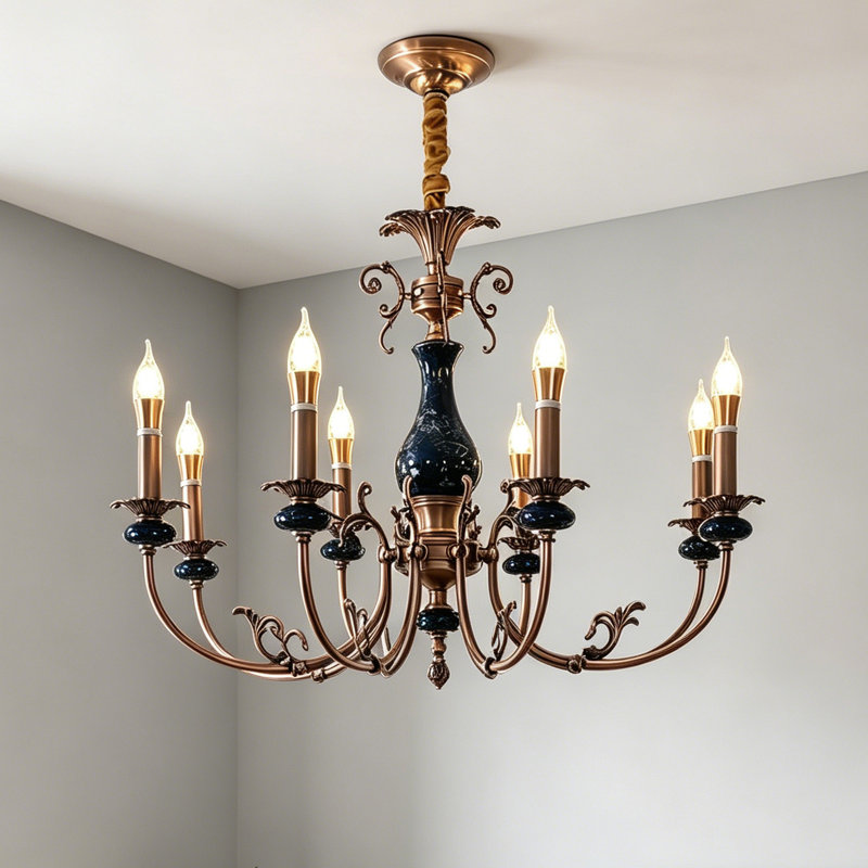 Lustre vintage français de luxe en laiton massif et céramique, 90 cm (35,43 po), orné de détails sculptés – Éclairage élégant pour salle à manger et salon.