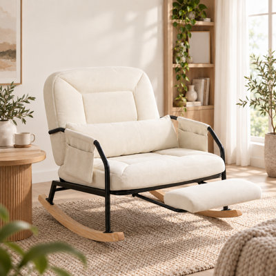 Fauteuil à bascule surdimensionné en velours côtelé avec repose-pieds rétractable, dossier réglable en 4 positions, coussin lombaire et poche latérale, supportant jusqu'à 159 kg (350 lb), beige