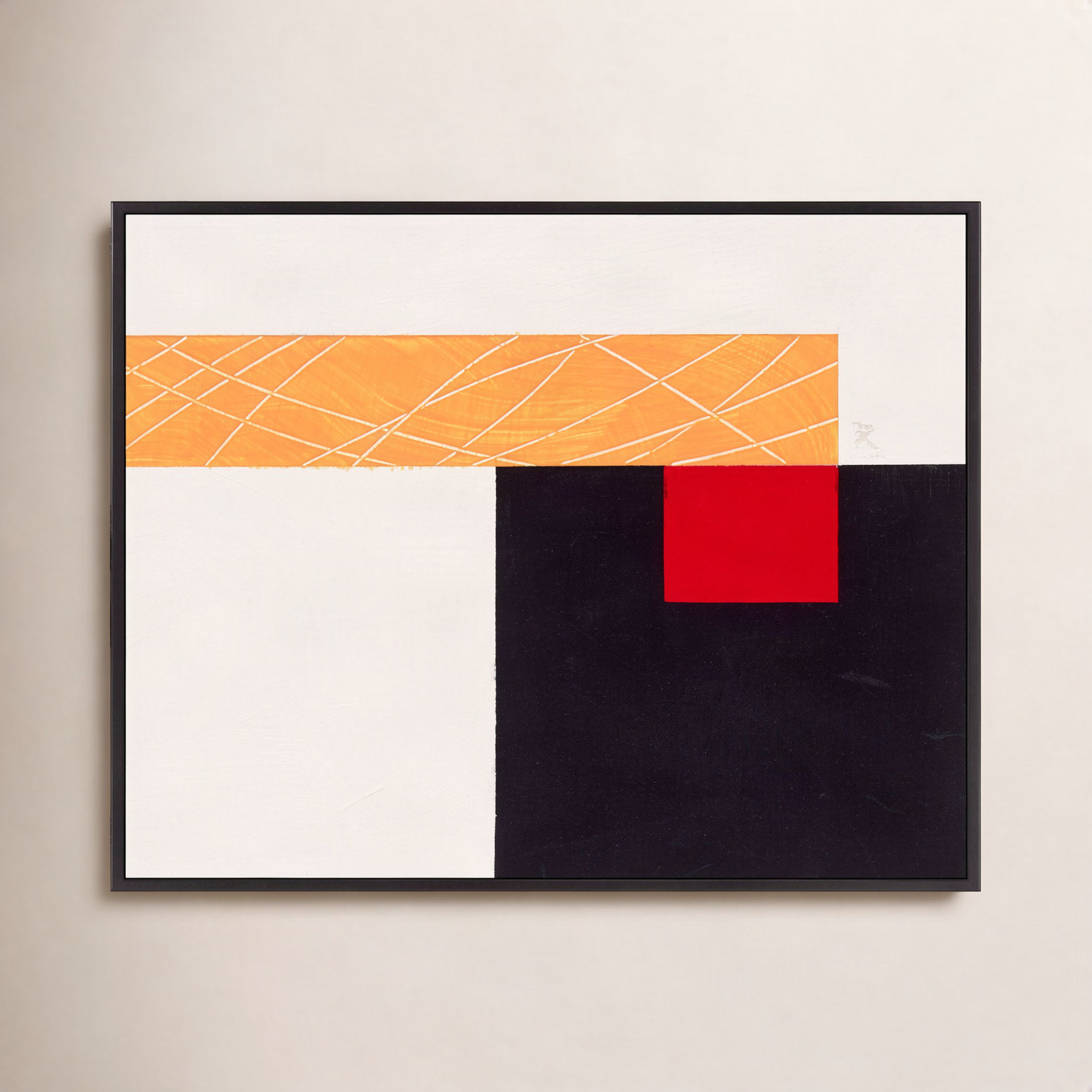 Composition With Yellow 1 by Robert Kamnatnik, 17.5" H x 25" W x 1.38" D, Black Framed Canvas