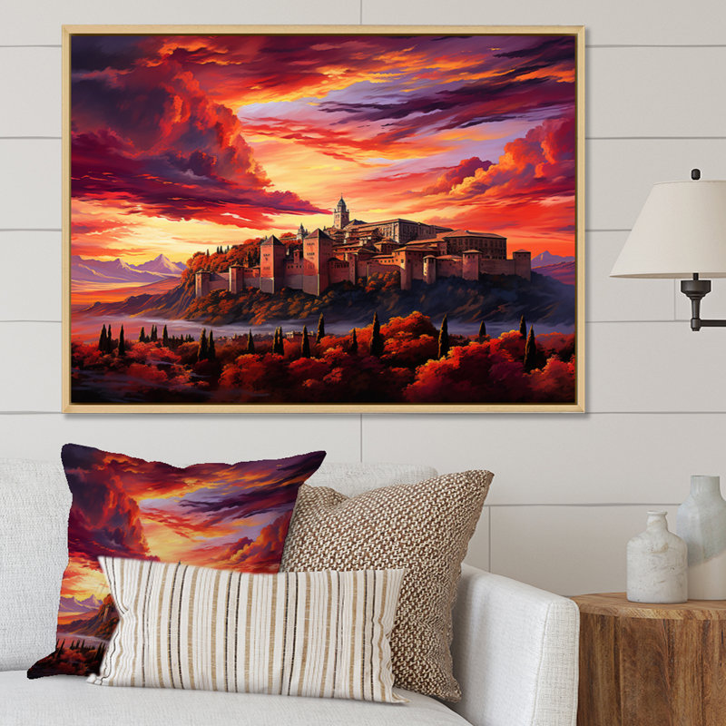 Spain Sunset Over The Alhambra I - Landscapes Canvas Art Print, H 16 po x l 32 po x P 1 po, Cadre naturel flottant