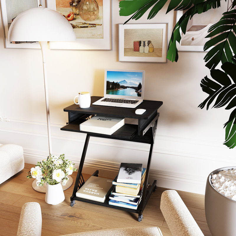Bureau d'ordinateur en forme de Z 23,6 "avec plateau pour clavier et roulettes, table d'étude compacte pour petits espaces
