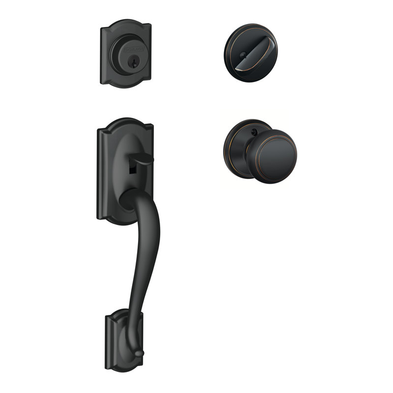Jeu poignées camelot avec verrou et bouton de porte andover et rosette à cylindre simple, Noir Mat sur bronze vieilli
