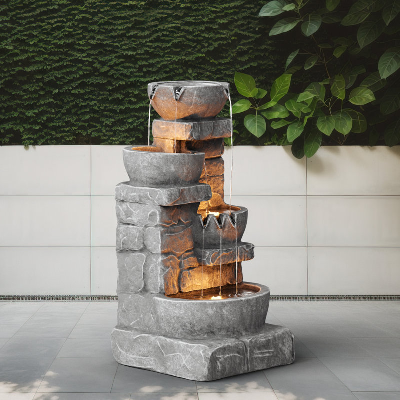 Cuvier Cascading Bowls & Stacked Stones Outdoor Water Fountain with Built-In LED Lights, Gray