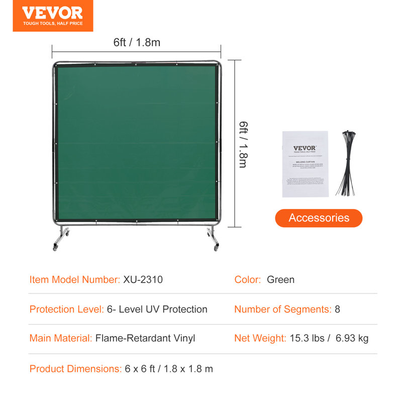 Welding Screen with Frame, 6' Welding Curtain Screen, Flame-Resistant Vinyl Welding Protection Screen on 4 Swivel Wheels (2 Lockable), Moveable & Professional for Workshop/Industrial
