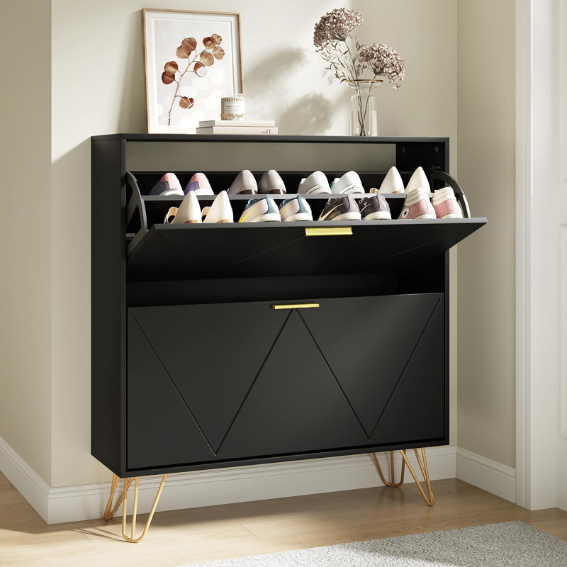 18 Pair Shoe Storage Cabinet With 2 Drawers, Black