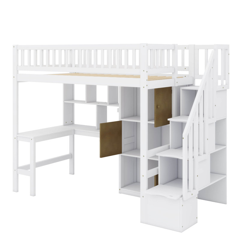 Lit surélevé simple en bois avec bureau intégré, éclairage à DEL, tablettes de rangement, armoires, Blanc