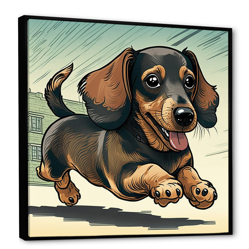 Caricature de teckel ludique - reproduction sur toile, L 24 po x H 24 po, Toile avec cadre flottant noir