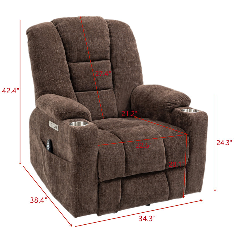 Upholstered Power Recliner With Massage And Heat, Brown