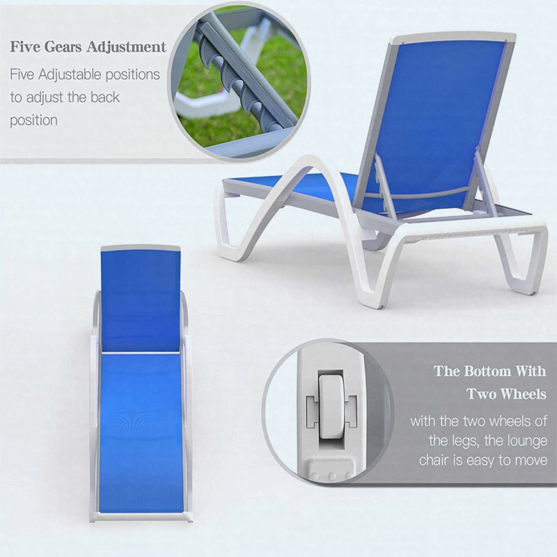 Chaise longue de patio en aluminium textilène bleu avec accoudoirs à 5 positions + table pour l'extérieur
