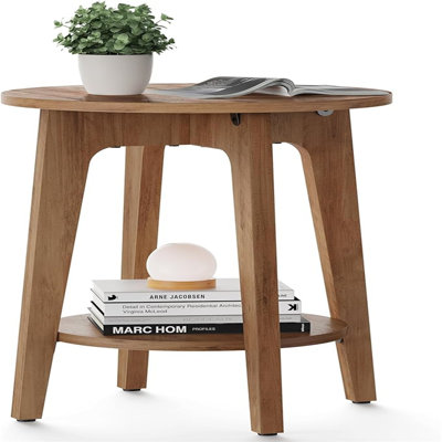 Side Table, Small Round End Table With Lower Shelf, Nightstand For Small Spaces, Living Room, Bedroom, Rustic Walnut