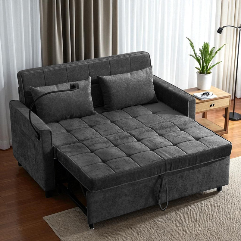 Pull-Out Sleeper Sofa Bed With USB Ports, Black