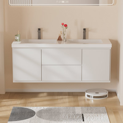 Chesham l 60 po x P 19-5 / 8 po Chesham P x 22 1/2 po H Meuble-lavabo flottant blanc brillant avec plateau en céramique blanche assemblé